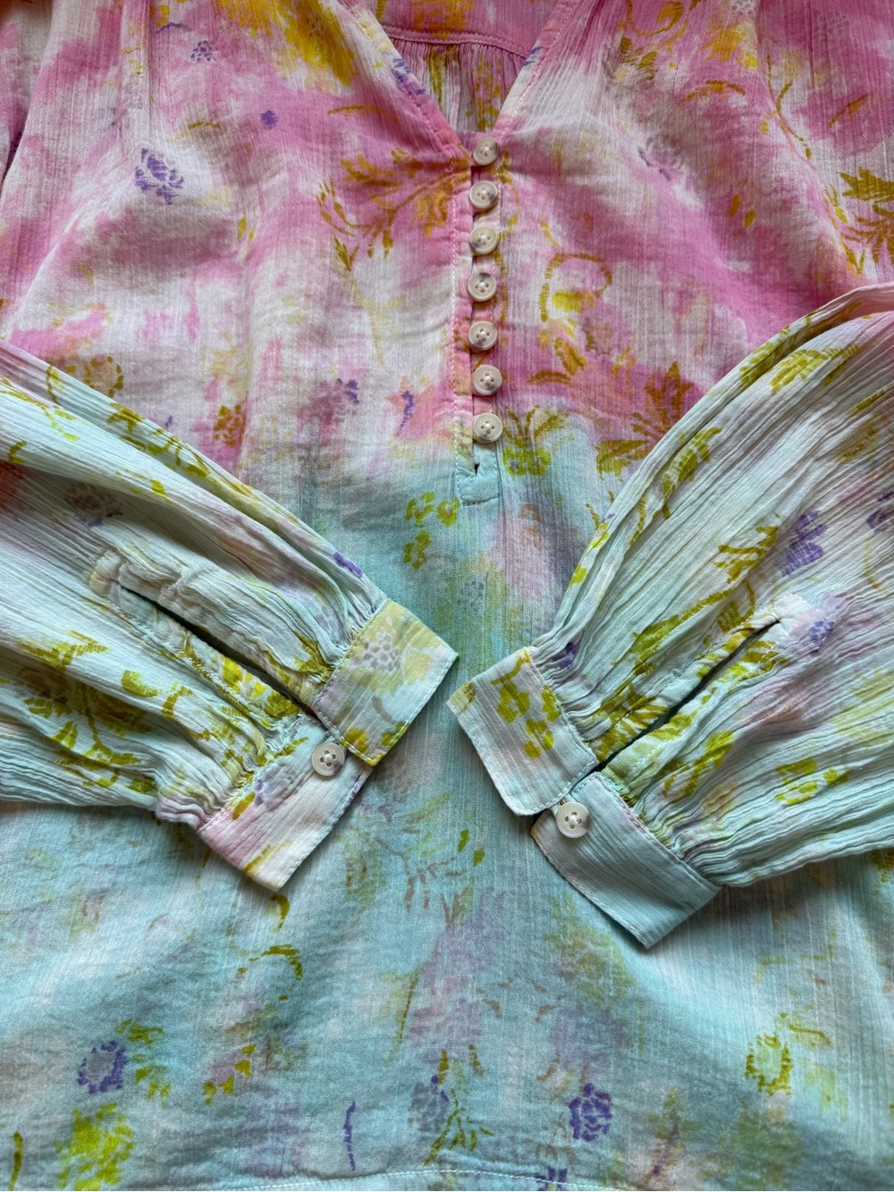 Pilcro Anthropologie Pink Blue Crinkle Gauze Henley Top Balloon Sleeve L - Picture 7 of 13